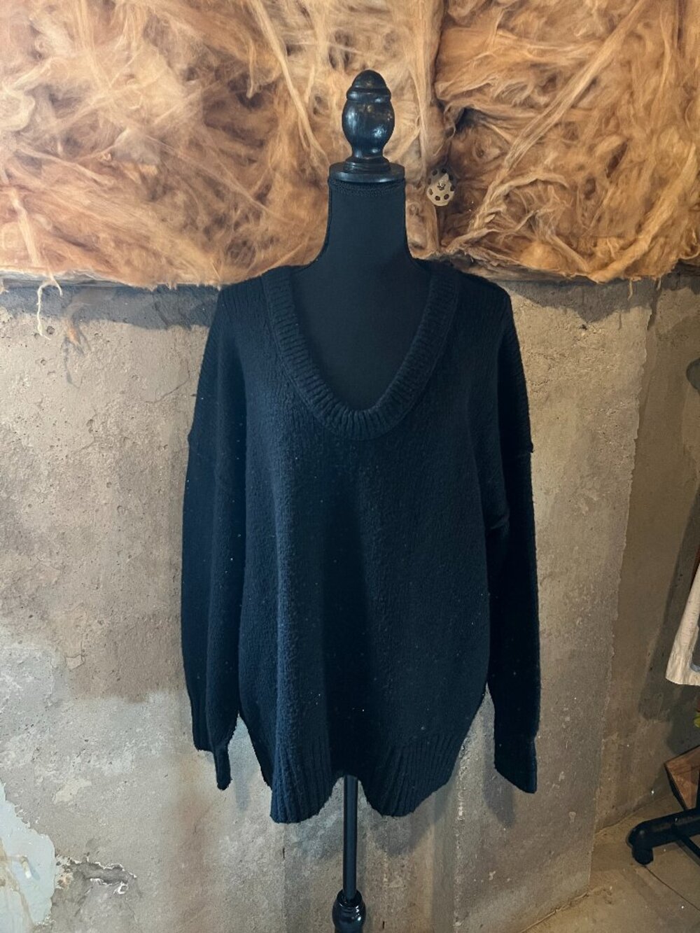 Free People Black Oversized Deep V-Neck Slouchy Knit Pullover Sweater